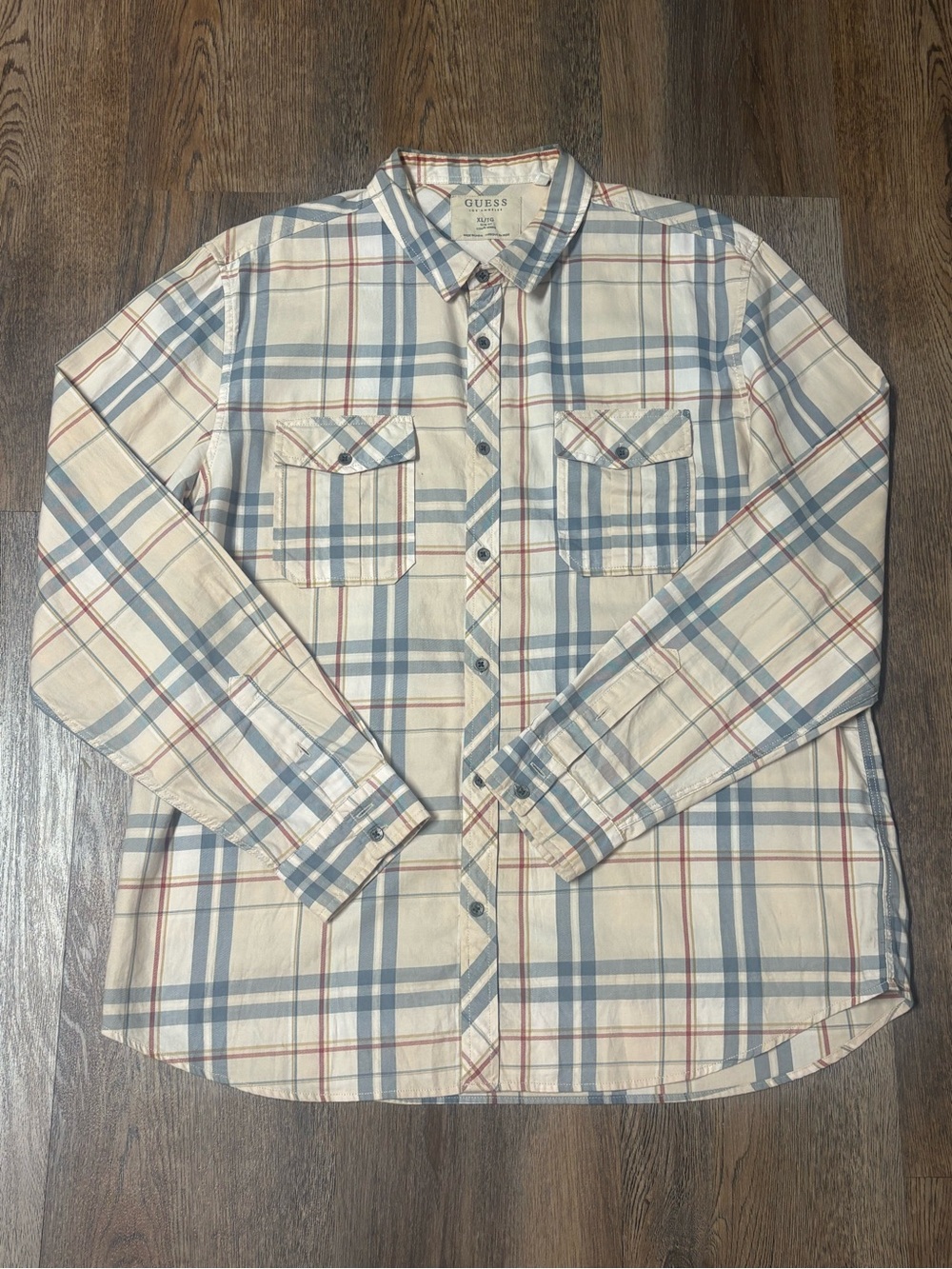 Guess Los Angeles Men’s Plaid Long Sleeve Button Down Shirt Beige Blue Slim Fit